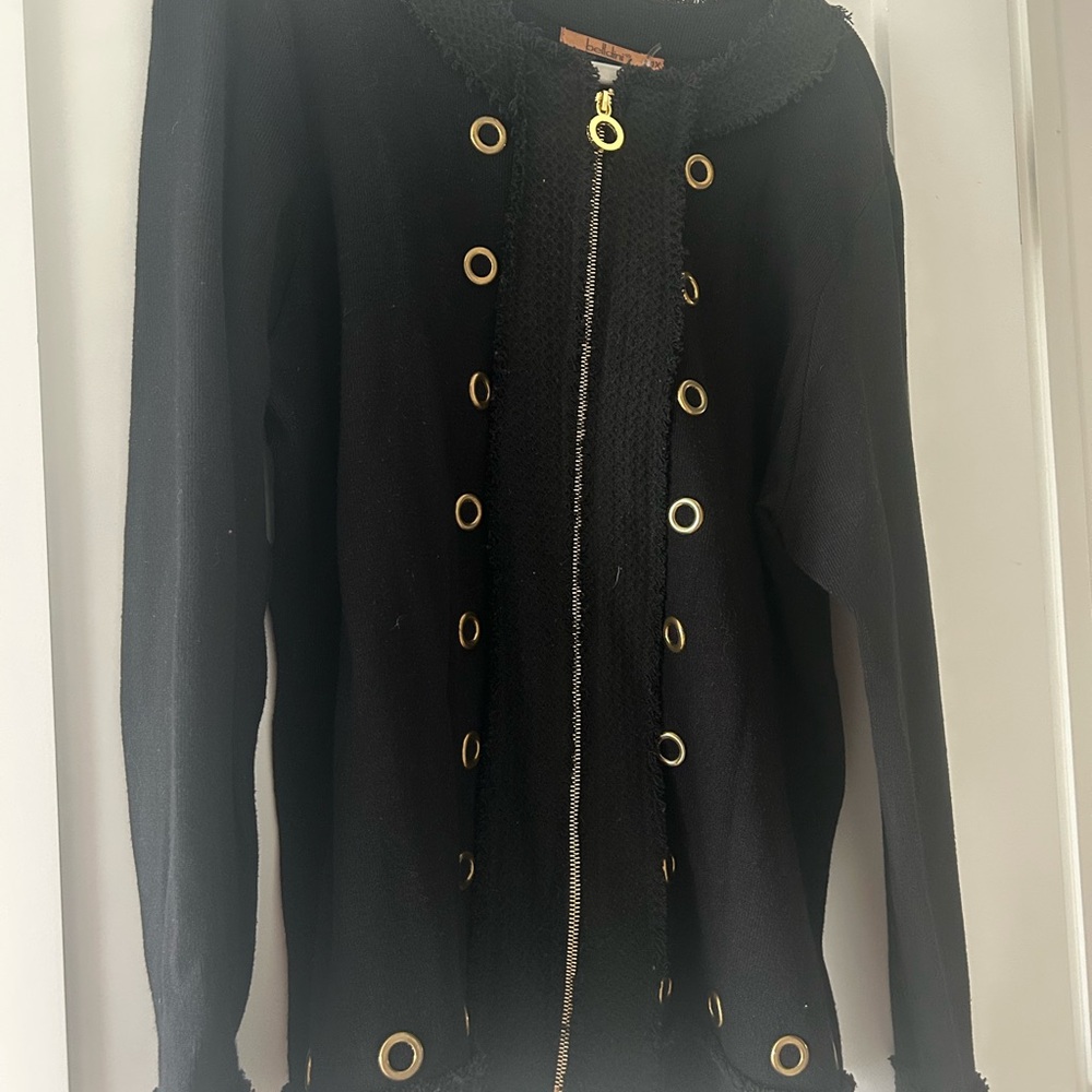Belldini Black Knit Jacket with Gold Zipper Pull and Gold Circular Detailing